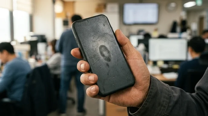 A hand holding a generic smartphone facing downwards.