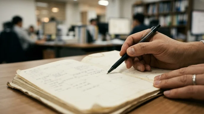 A Korean manager's hand pointing at a specific date on an open planner with a ballpoint pen.