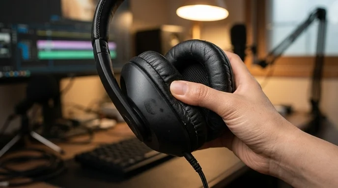 A creator's hand pressing against a worn faux-leather headset earcup with a blurred monitor in the background.