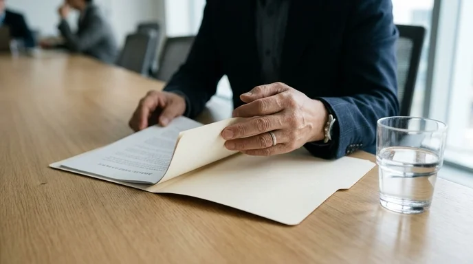 A Korean manager's hands turning the page of a plain paper folder on a conference table.