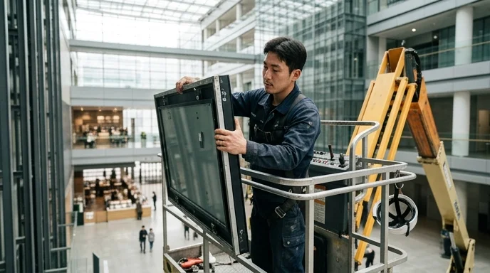 A Korean technician on a lift handling a front module in a bright atrium.