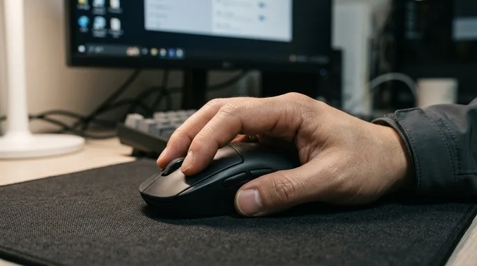 A Korean technician's hand gripping a wireless mouse on a fabric mousepad.