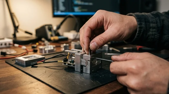 A Korean developer's hand assembling metallic modular pieces on a textured dark desk under warm lighting.