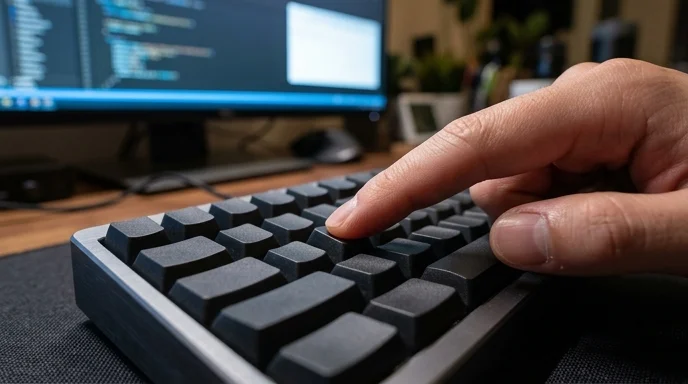 A Korean developer's finger presses a key on a mechanical keyboard with an out-of-focus screen in the background.