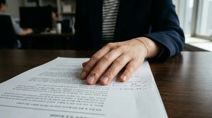 A hand resting gently on a printed document with handwritten notes in the margins.
