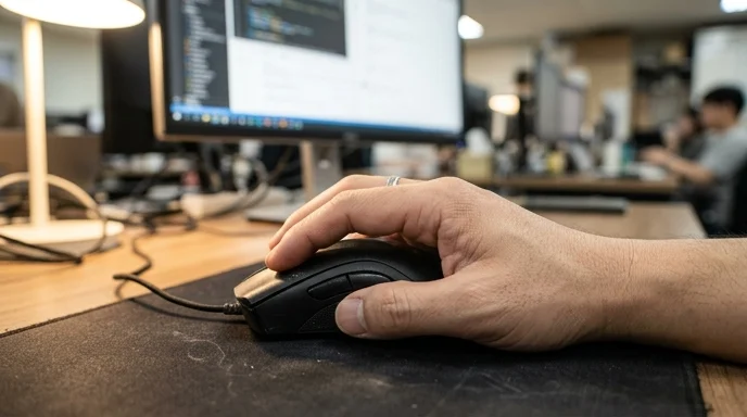 A Korean developer's hand resting on a smudged matte mouse with an out-of-focus monitor behind.