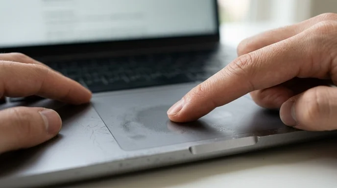 A Korean user's index finger presses down on a laptop trackpad with a smudge on the surface and the screen blurred.