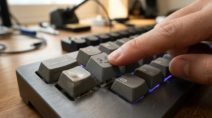 A finger pressing a custom character keycap on a brushed aluminum mechanical keyboard with dusty switches.