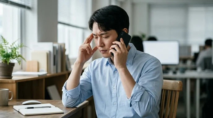 A Korean manager holding a smartphone to his ear and pressing his temple in a quiet office.