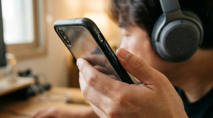 A creator holding a scuffed smartphone with blurred faux-leather headphones resting over their ears.