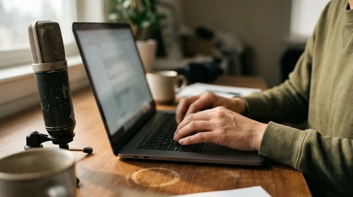 A Korean creator's hands typing on a keyboard next to a microphone.