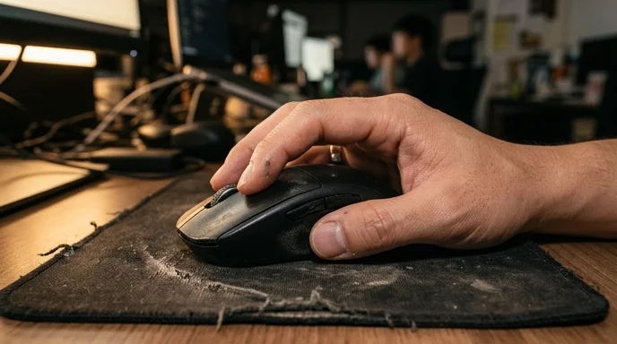 A close-up of a developer's hand gripping a wireless mouse on a worn fabric pad.