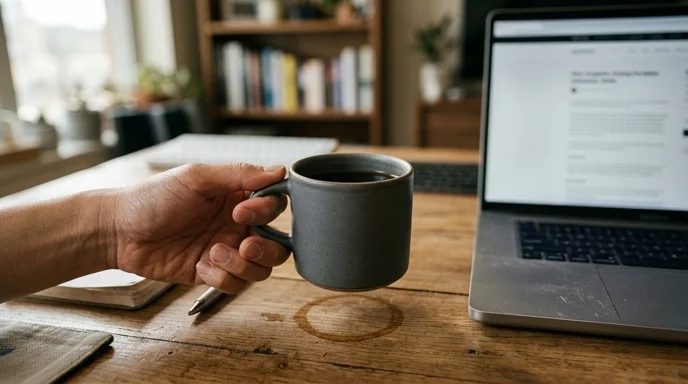 A creator's hand holding a matte ceramic coffee mug next to a laptop on a wooden desk in warm side daylight.