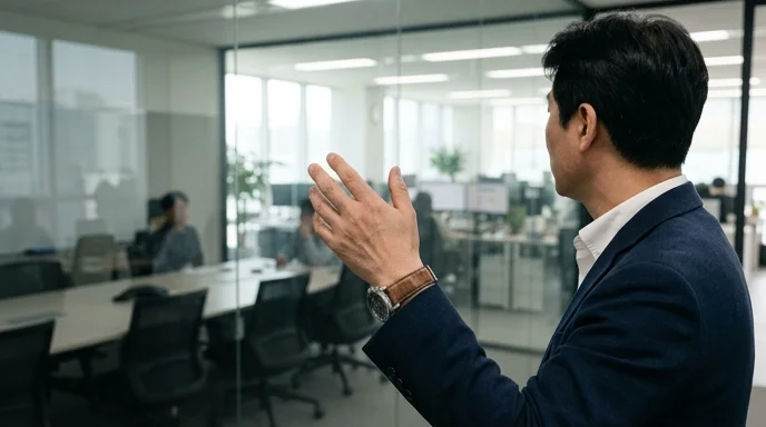 A Korean manager seen from behind gesturing toward a glass wall in a meeting room.