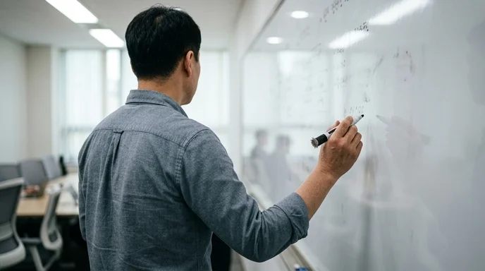 Back view of a Korean engineer holding a marker in front of a blurred whiteboard.