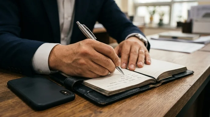 A Korean administrator's hand writing in a leather diary with a silver pen.