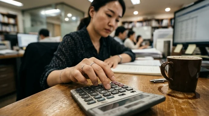 A Korean marketer's hand pressing buttons on a smudged calculator near a coffee ring.