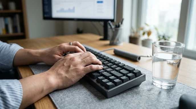 A Korean marketer's hands typing on a mechanical keyboard with a glass tumbler nearby.