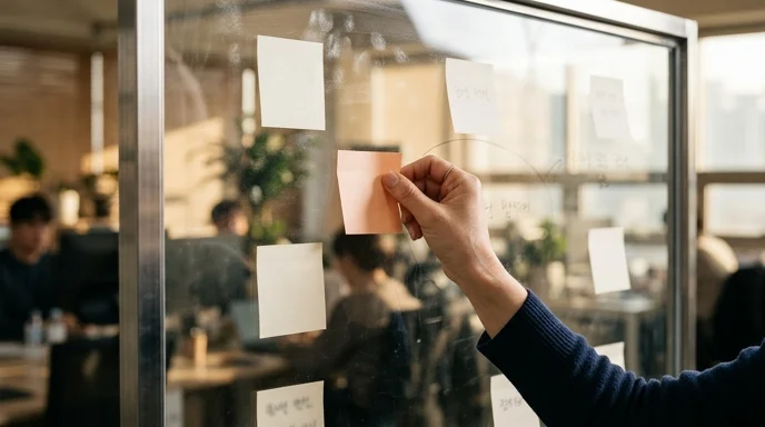 A Korean planner's hand moving a sticky note on a transparent glass board with fingerprints in a bright office.