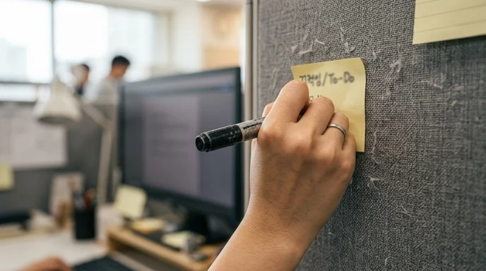 A planner's hand writing on a yellow sticky note on an office partition.