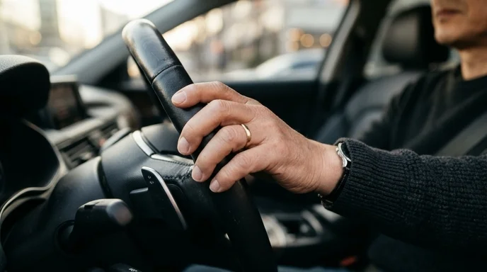 A man's hand gripping the stitched leather steering wheel of a luxury car with the background interior blurred.