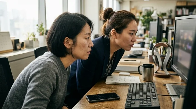 Two designers leaning over a desk looking at a monitor in an office.