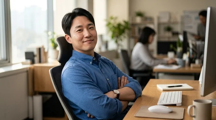 A Korean marketer sitting at a desk with arms crossed, leaning back from a mouse and keyboard.