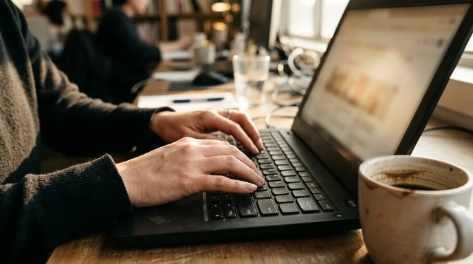 A Korean marketer's hands typing on a black laptop keyboard with a coffee mug nearby.