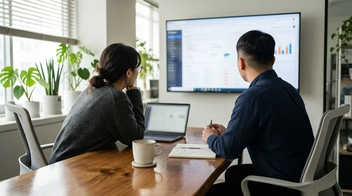 Two Korean marketers sitting in a meeting room looking at a monitor from behind.