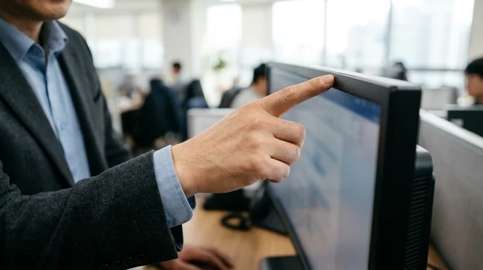 A Korean consultant's hand pointing at the top edge of a monitor in an office.