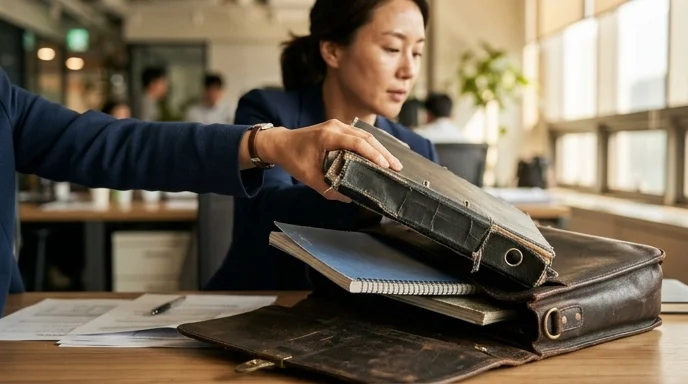 A Korean consultant's hand pulling a rumpled binder and notebook from a leather briefcase.