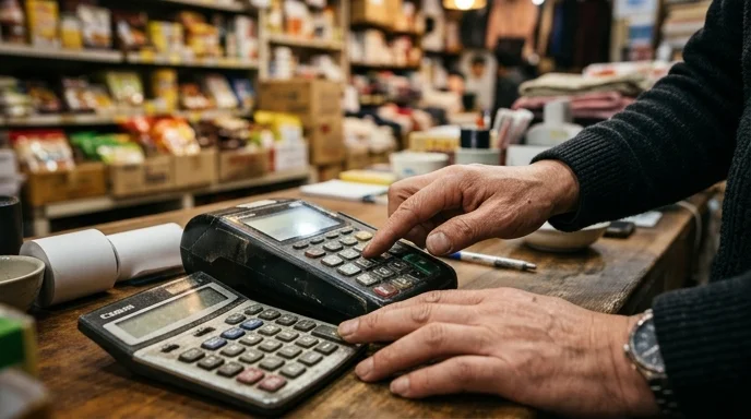 Hands of a Korean merchant pressing the worn buttons of a POS terminal on a shop counter.