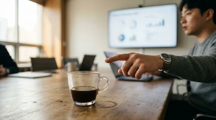 Above a wooden table, a Korean hand points toward an out-of-focus monitor.