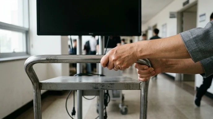 A woman's hands gripping the metal handle of a mobile stand with a large screen.