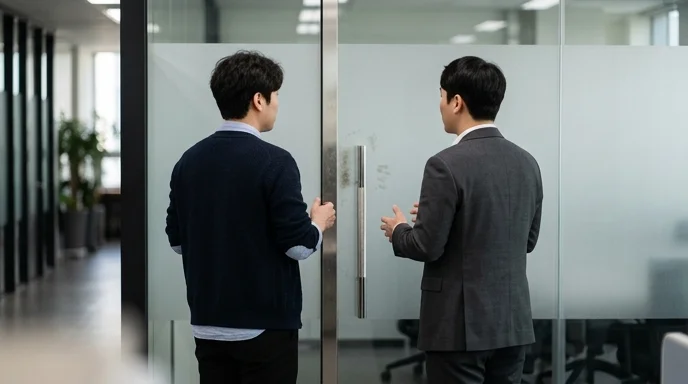 Two colleagues discussing in front of a frosted glass wall with hand smudges on the metal handle.