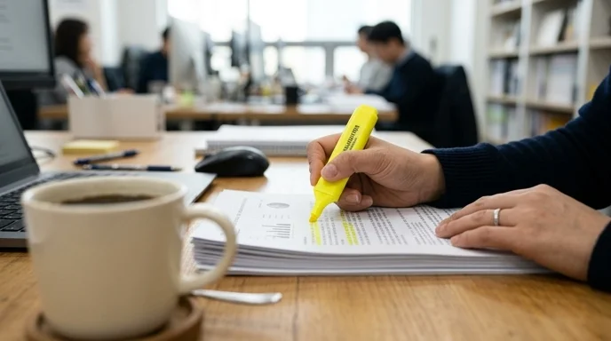 A Korean marketer's hand holding a highlighter over a stack of printed documents on a desk.