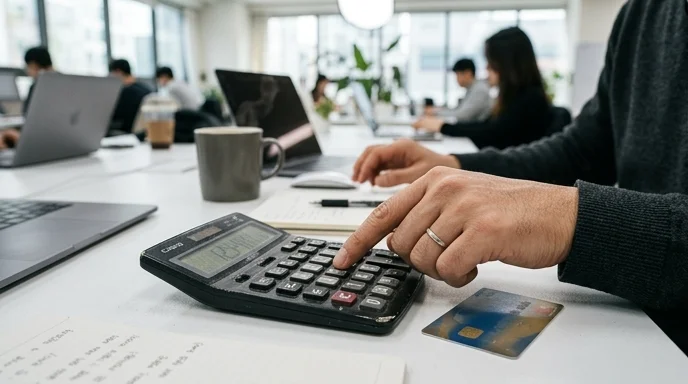 A Korean freelancer's hands using a calculator next to a credit card.