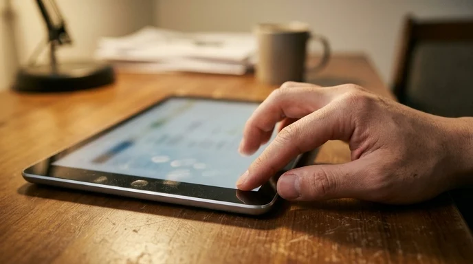 A job seeker's hand interacting with a digital tablet on a desk.