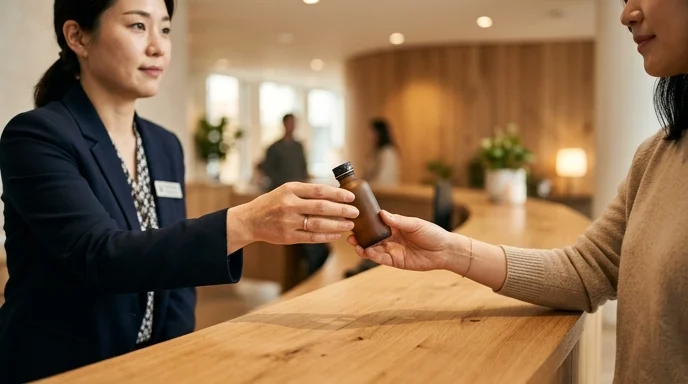 A staff member passing a small glass sample bottle to a visitor over a wooden reception desk.