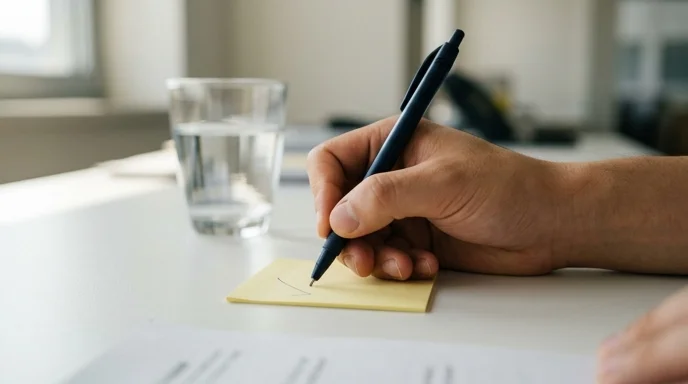 A Korean marketer's hand writing on a sticky note with a pen on a desk, next to a clear glass cup.