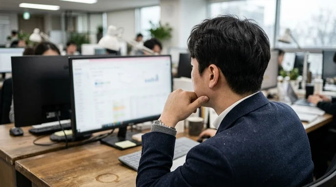 A Korean marketer viewed from behind resting his chin on his hand while looking at a blurred monitor.