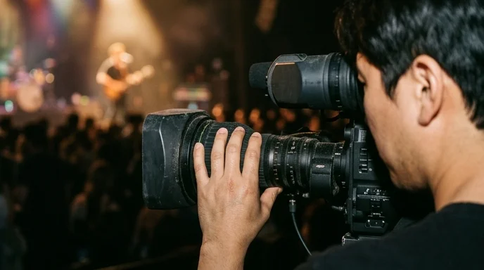 A cameraman's hand adjusting a broadcast camera lens with a blurred stage background.