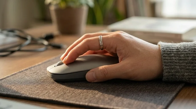 A Korean marketer's hand holding a wireless mouse on a fabric mousepad under morning light.
