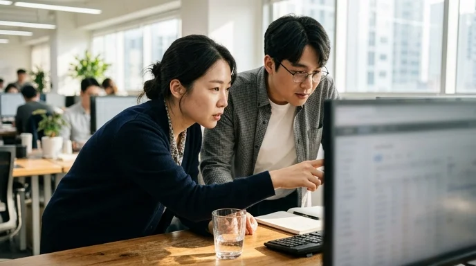 Two Korean colleagues leaning over a desk to look at a blurred monitor together in a bright office with morning light.