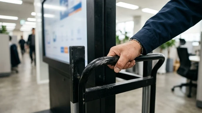 A Korean employee's hand pushing a mobile cart carrying a digital signage unit in a bright office environment.