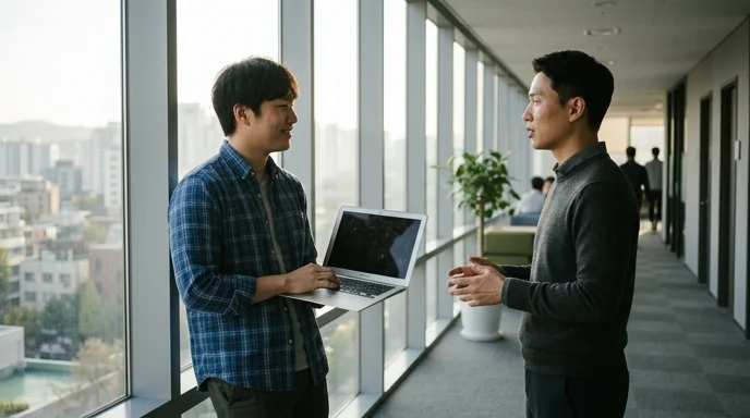Two silhouetted Korean colleagues standing and talking in a bright office hallway holding a laptop.