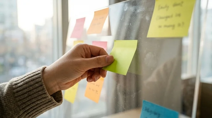 A planner placing sticky notes on a transparent acrylic board.