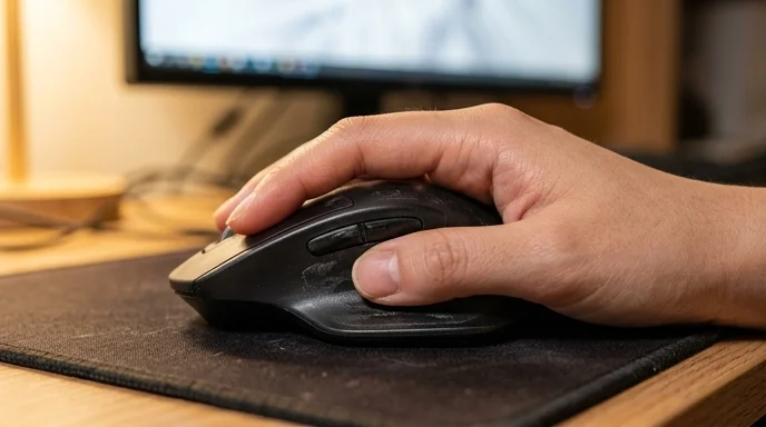 A person's hand resting on an ergonomic mouse, touching the side button.