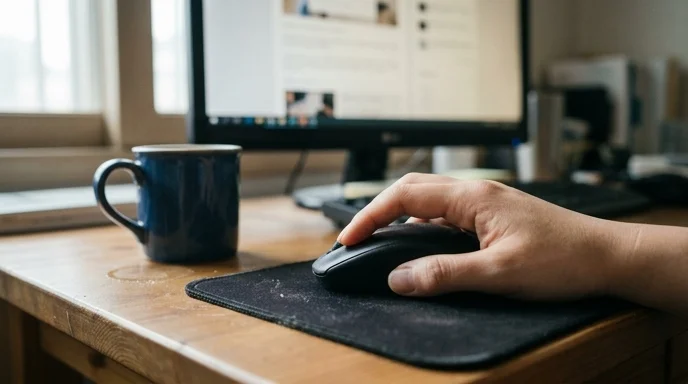 A Korean blogger's hand rests on a mouse on a desk with a blurred monitor and a coffee cup.