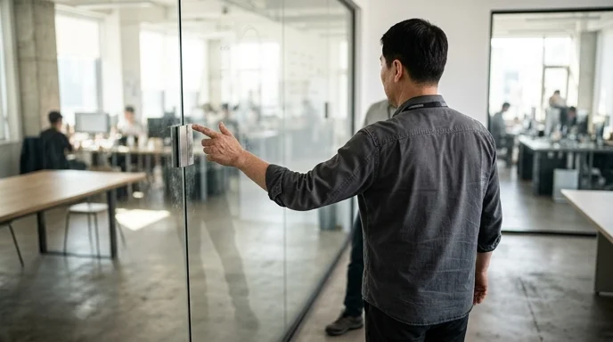 Back view of a Korean technician gesturing towards a glass wall during a meeting.